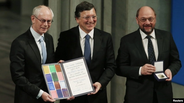 (Left to right): The president of the European Council Herman Van Rompuy, the president of the European Commission Jose Manuel Barroso, and the president of the European Parliament Martin Schulz collect the Nobel Peace Prize on behalf of the EU in Oslo on December 10.