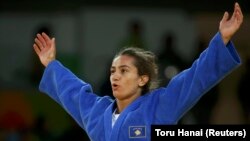 Kosovo's newly crowned Olympic judo gold medalist Majlinda Kelmendi