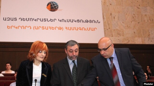Armenia -- Anush Sedrakian (L) and other leaders of the Free Democrats open a party congress in Yerevan, 16Mar2012.