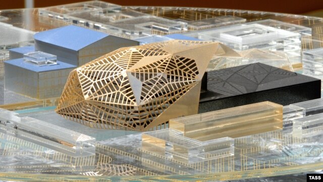 A scale model shows a design for the Mariinsky Theater by French architect Dominique Perrault, which ran into difficulties and was abandoned.