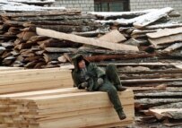 A migrant worker takes a break from work at a timber-processing plant in Chita earlier this month (ITAR-TASS)