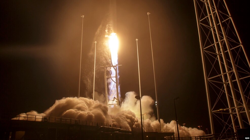 The Orbital ATK's Antares rocket blasts off from its Virginia launchpad on October 17.