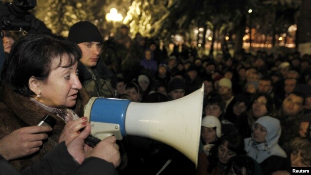 Disqualified presidential candidate Alla Dzhioyeva addresses supporters in Tskhinvali on December 1.