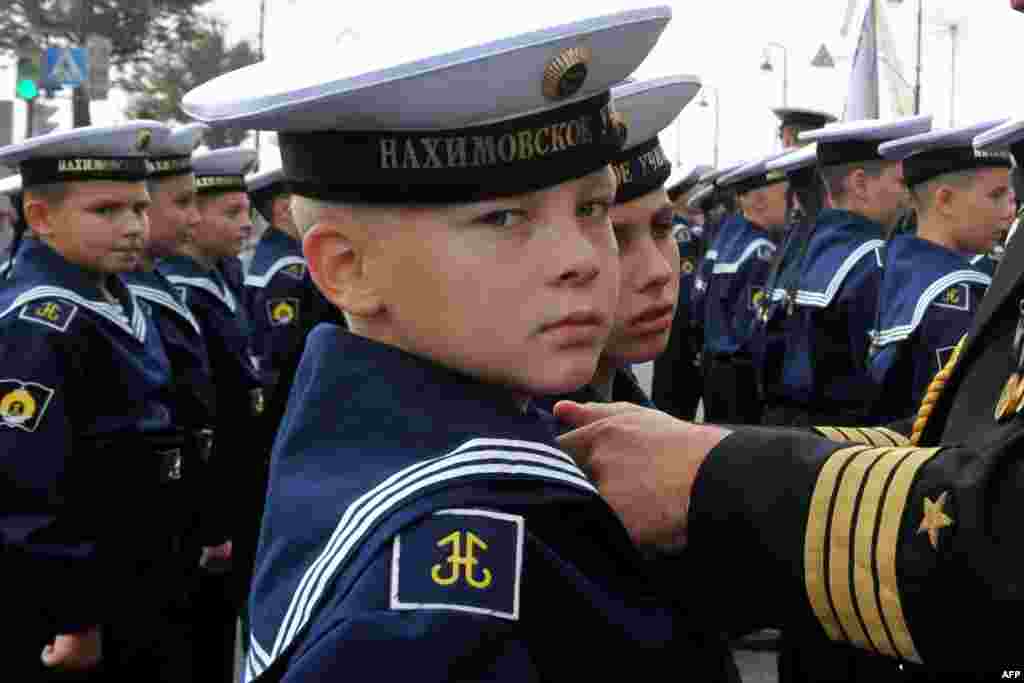 Young cadets at the Nakhimov Naval Academy in St. Petersburg attend a ceremony for the so-called "Day of Knowledge" as the school year begins.