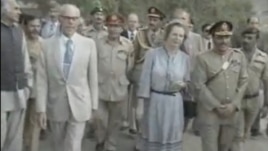U.K. Prime Minister Margaret Thatcher (center) and Pakistani President Zia-ul-Haq visit the Afghan border in October 1981.