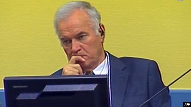 Former Bosnian Serb commander Ratko Mladic listens to the first prosecution witness in the courtroom in The Hague on July 9.