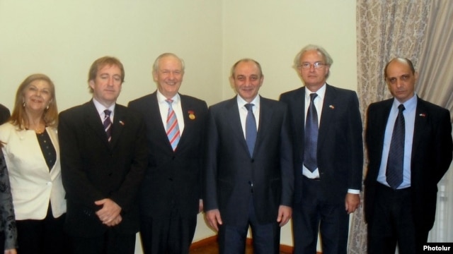 Bako Sahakian, the leader of Nagorno-Karabakh (3rd from R), receives the delegation of the Uruguayan House of Representatives, Stepanakert, 13Nov,2012