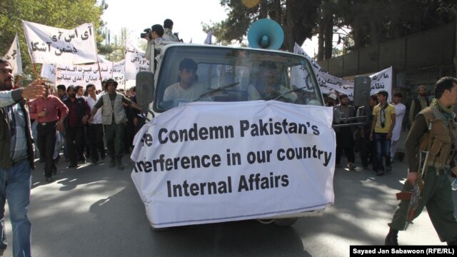 Afghan demonstrators shout anti-Pakistan slogans during a protest in Kabul on October 2. 