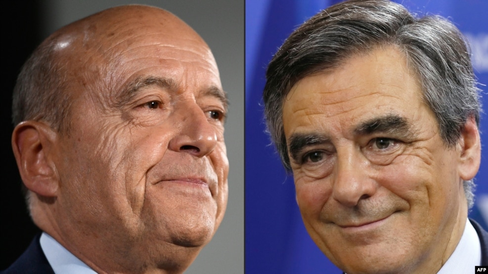 French conservative presidential hopefuls Alain Juppe (left) and Francois Fillon sparred over Russia in their final debate on November 24 before a key second-round primary.