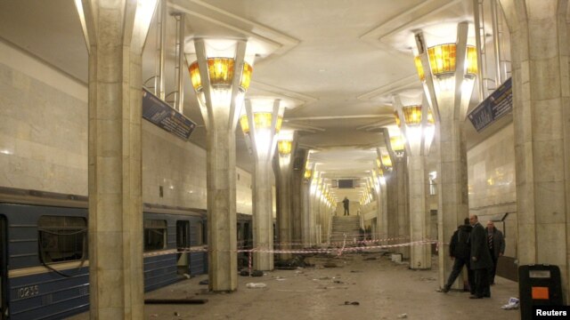 The site of the explosion at the Kastrychnitskaya (October Square) subway station in Minsk, where a powerful bomb packed with metal balls ripped through the evening rush-hour crowd.