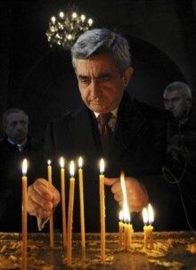 Armenia -- Sarkisian, Serzh; (vert.) visiting Yerevan church on 14feb2008