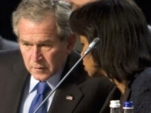 Romania -- NATO-MAP US President George W. Bush (L) with US Secretary of State Condoleezza Rice at the NATO Council Summit in Bucharest, 02Apr2008