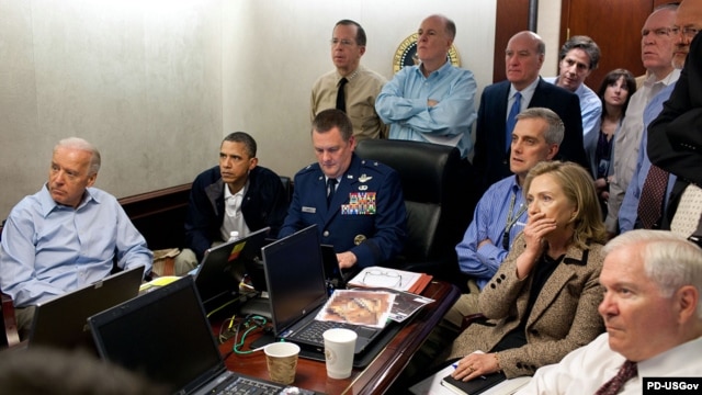 An official photo of U.S. President Barack Obama (second from left) and other senior officials in the Situation Room of the White House on May 1, 2011, receiving an update on the mission against Osama bin Laden.