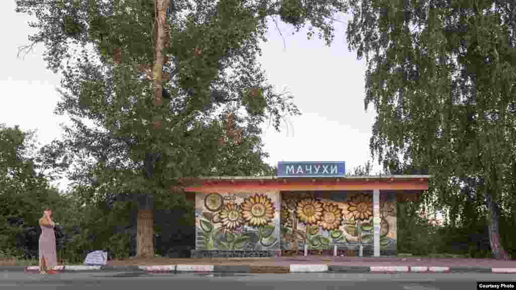 Mosaics enliven a bus stop in Lelyukhivka, in Ukraine's Poltava region.