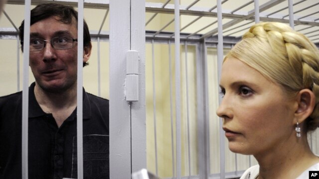 Former Interior Minister Yuriy Lutsenko (left, in defendant's cage) and Yulia Tymoshenko talk in a courtroom in Kyiv in May 2011.