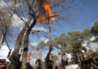 Iranian protestors with a burning cross at the Danish Embassy in Tehran today (epa)