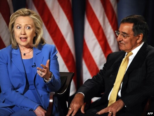 U.S. Secretary of State Hillary Clinton and Defense Secretary Leon Panetta during a conversation hosted by the National Defense University and CNN in Washington on August 16