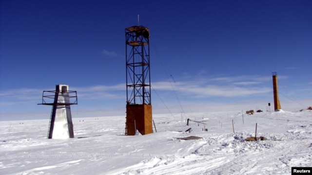 A view of a Russian drilling apparatus at the remote Vostok research station in Antarctica, site of the lowest temperature ever recorded (-91 degrees Celsius).