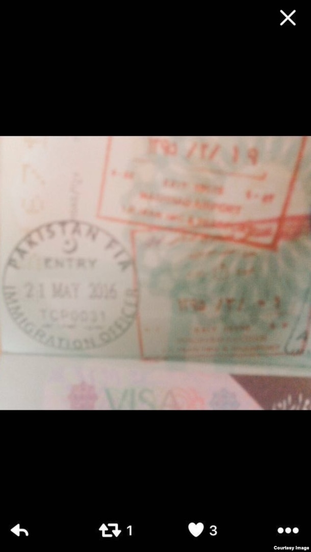 The Iranian and Pakistani immigration stamps on the Pakistani passport the Afghan Taliban leader was allegedly carrying.
