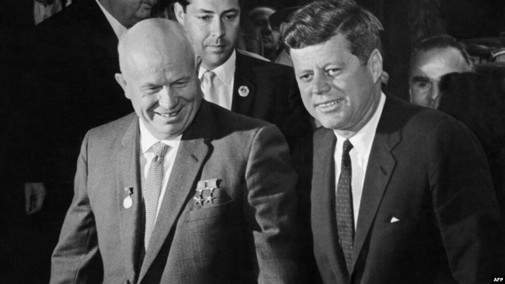 Soviet leader Nikita Khrushchev (left) and U.S. President John F. Kennedy brought their countries to the brink of nuclear war in 1962.