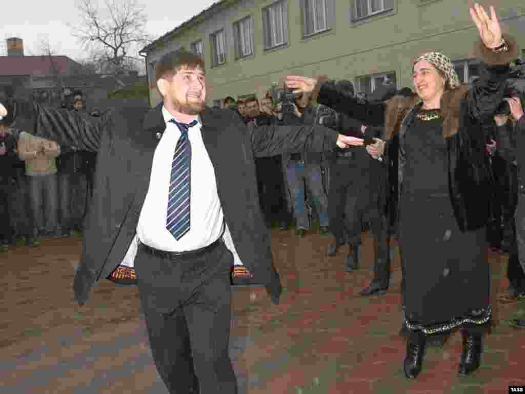 Elections often seem to put a spring in the Chechen leader's step. Here, Kadyrov dances after voting at the polling station in his clan's village during Russian State Duma elections in December 2007.