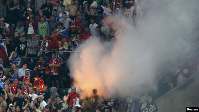 Russian supporters celebrate after beating Czech Republic 4-1 during their Group A Euro 2012 match in Wroclaw on June 8.