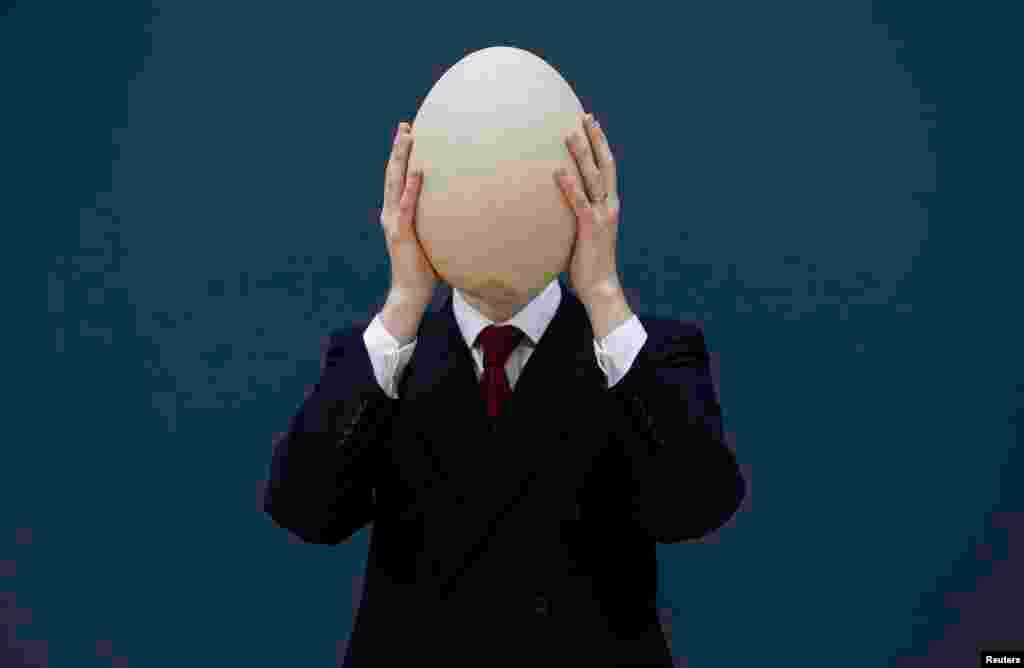 Christie's specialist James Hyslop holds a pre-17th-century, sub-fossilised elephant-bird egg in London. (Reuters/Suzanne Plunkett )