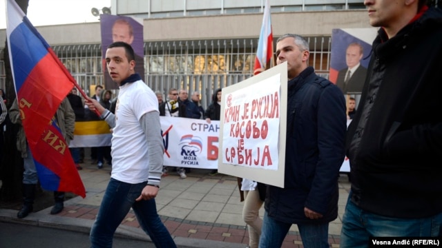 In Belgrade, protesters backed Russia's military intervention in Ukraine: "Crimea is Russia, Kosovo is Serbia."