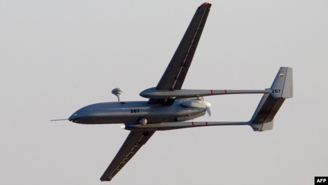 A Hermes 500 UAV flies over the Hatzerim air force base in southern Israel's Negev desert in 2011.