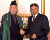 Presidents Karzai (left) and Musharraf in mid-February (epa)