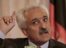 Afghanistan -- Foreign Minister Rangin Dadfar Spanta talks with journalists during a press conference in Kabul, 21 May 2006