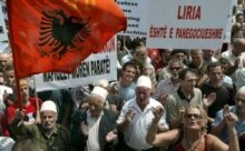 Kosovo - Ethnic Albanians shout slogans during a protest in Kosovo's capital Pristina, 24Jul2006