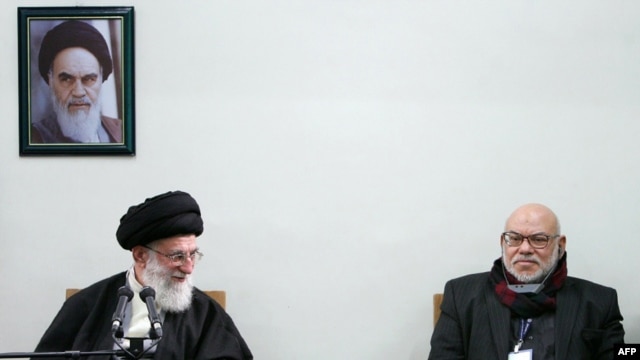 Ayatollah Ali Khamenei (left) is pictured here with a member of Egypt's Muslim Brotherhood. Khamenei says the revolts sweeping the Arab world have a spiritual kinship with Iran's own 1979 revolution.  