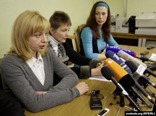 Three wives of Belarusian political prisoners held a press conference to discuss their husbands plight: Iryna Khalip (left), Matyna Adamovich (center), Volha Bandarenka (right).