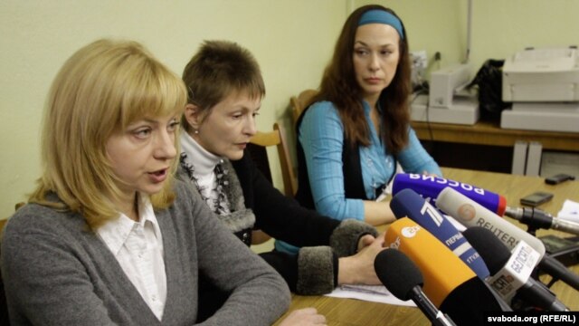 Three wives of Belarusian political prisoners held a press conference to discuss their husbands plight: Iryna Khalip (left), Matyna Adamovich (center), Volha Bandarenka (right).
