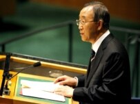 Ban speaking to the General Assembly after being sworn in as UN secretary-general (epa)