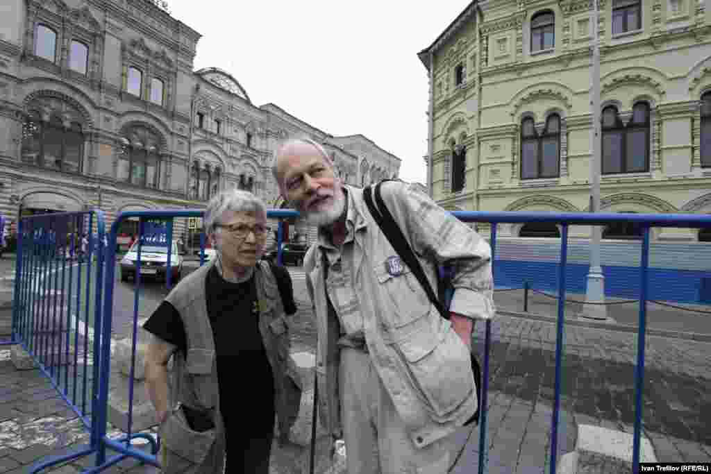 Natalya Gorbanevskaya (left) was one of the eight participants in the original 1968 protest. She appeared at the Moscow protest on August 25 but was not arrested. She is with Sergei Sharov-Delaunay, opposition leader and cousin of Soviet-era writer and dissident Vadim Delaunay, who participated in the original 1968 protest.
