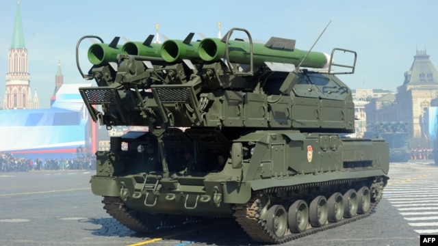 A Russian Buk-2M missile launcher is displayed on Red Square in Moscow during the Victory Day parade on May 9, 2013.