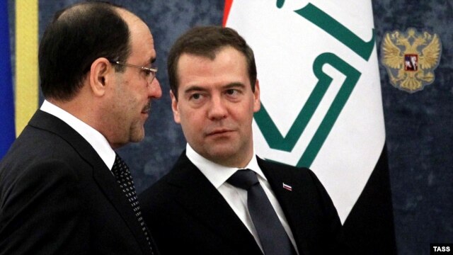 Russian Prime Minister Dmitry Medvedev and his Iraqi counterpart Nuri al-Maliki helds talks in Moscow on October 9.