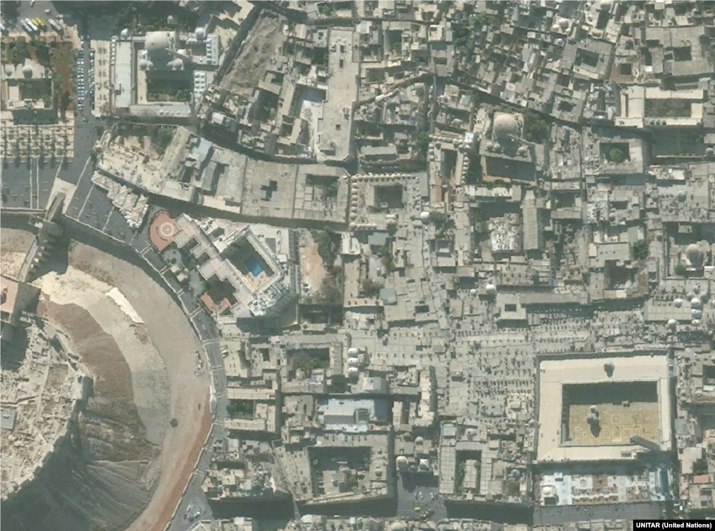 Old Town, Aleppo 2010-2014 Much of the historic Old Town in Syria largest city Aleppo has been destroyed, including the Great Umayyad Mosque (pictured in the lower right).
