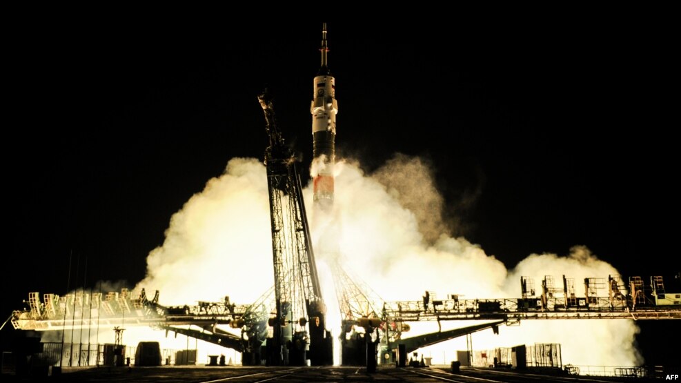The Russian Soyuz MS-03 spacecraft blasts off from the Baikonur cosmodrome on November 18.