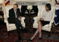 U.S. Secretary of State Condoleezza Rice (right) talks with EU Foreign Policy chief Javier Solana (left) during a meeting at the U.S. State Department in Washington today (epa)