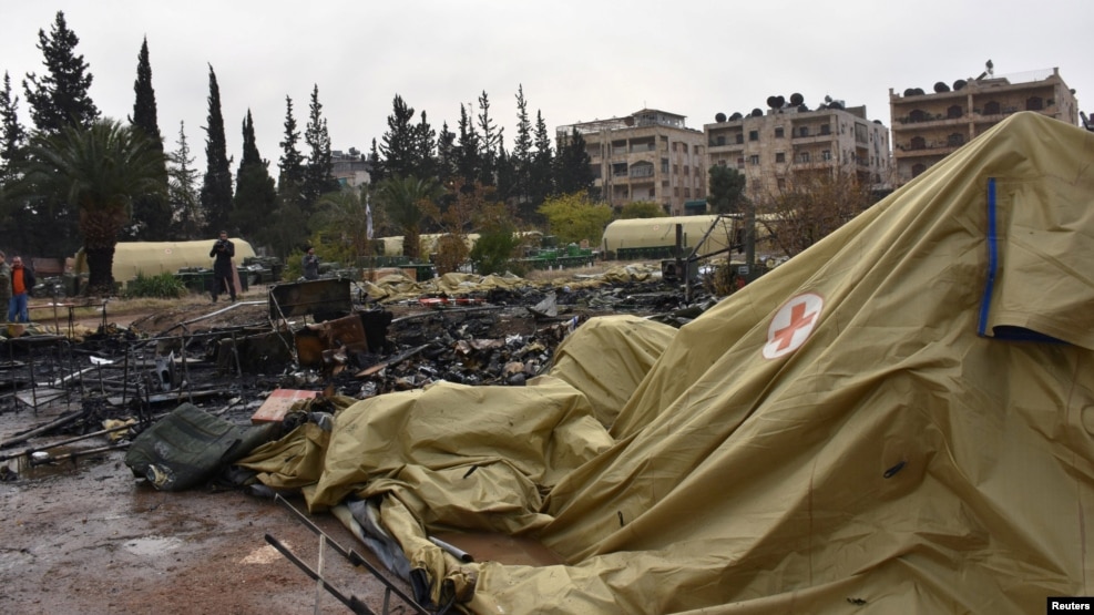The remains of a Russian bombed-out military field hospital in Aleppo where two medics were killed.