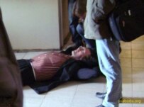 Performance artist and activist Alyaksandr Pushkin protests in a courtroom in Vorsha, eastern Belarus (RFE/RL)