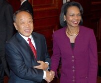 Condoleezza Rice (right) with Li Zaoxing in Beijing on October 20 (epa)