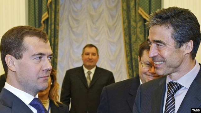Russian President Dmitry Medvedev (left) meets with NATO Secretary-General Anders Fogh Rasmussen in Moscow in December 2009.