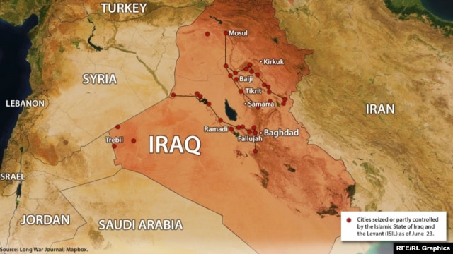  نقاط قرمز تحت تسلط داعش یا محل درگیری است.