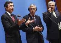 French Foreign Minister Philippe Douste-Blazy, Britain's Foreign Secretary Jack Straw, and German Foreign Minister Frank-Walter Steinmeier (left to right) after an EU-3 meeting in Berlin on 12 January on the Iranian nuclear issue (AFP)