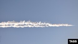 The Chelyabinsk meteor left a long smoke trail as it fell to Earth on February 15.