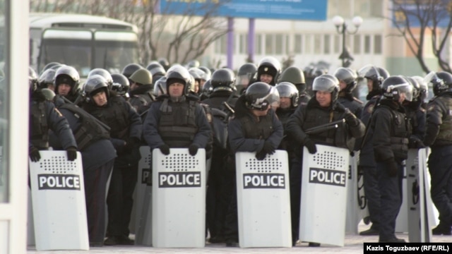 Riot police stand on duty in the western city of Aqtau, where the Kazakh authorities have maintained a heavy presence on the streets.